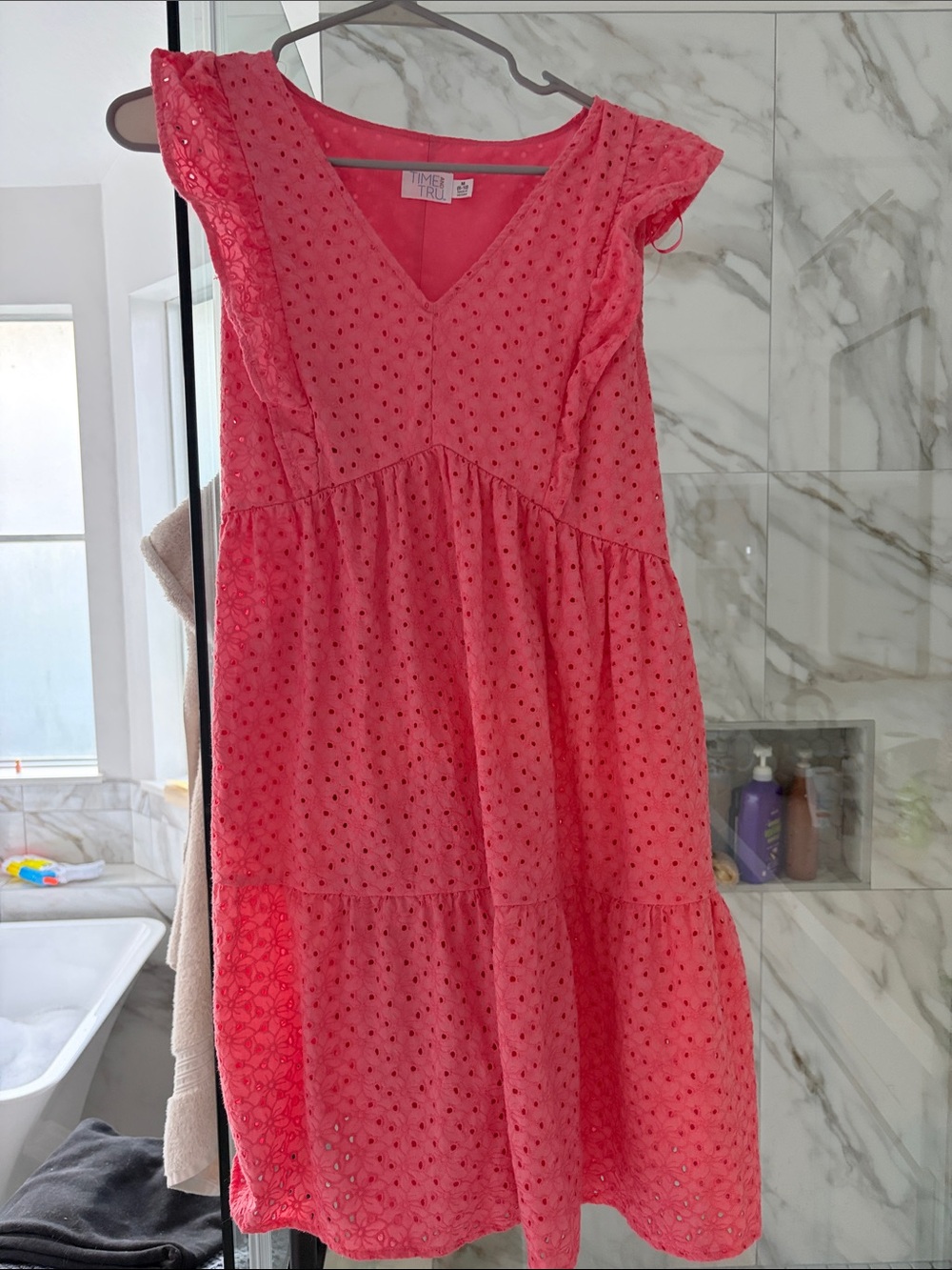 Time and Tru Coral Pink Eyelet Tiered Mini Dress
